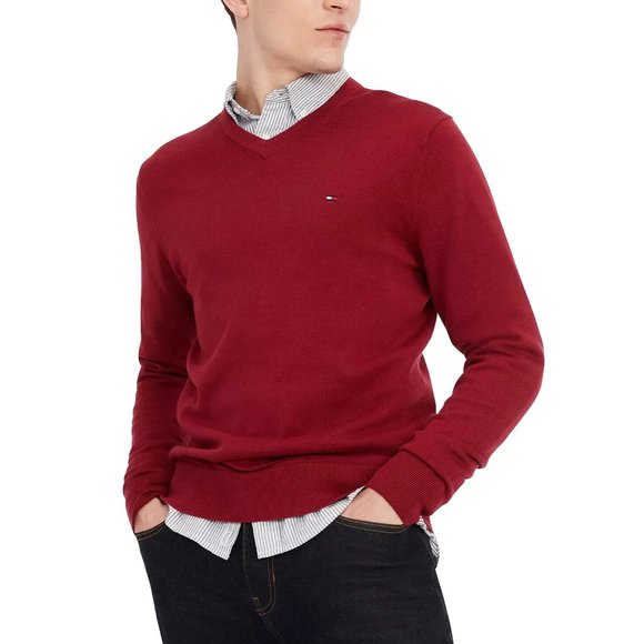 TOMMY HILFIGER Men's Essential Solid V-Neck Sweater Rouge Pick Size